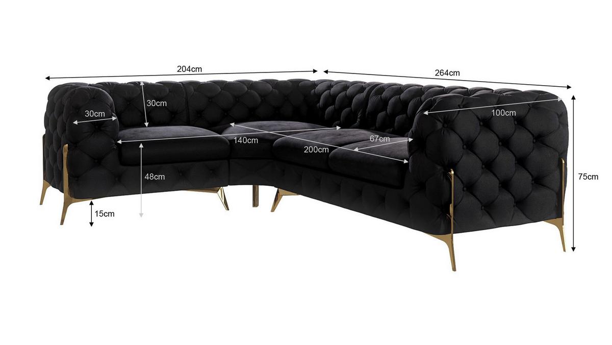 ECKSOFA Chesterfield Lexi Schwarz Samt, Ottomane links - Goldfarben/Schwarz, Holz/Textil (264/204cm) - S-Style