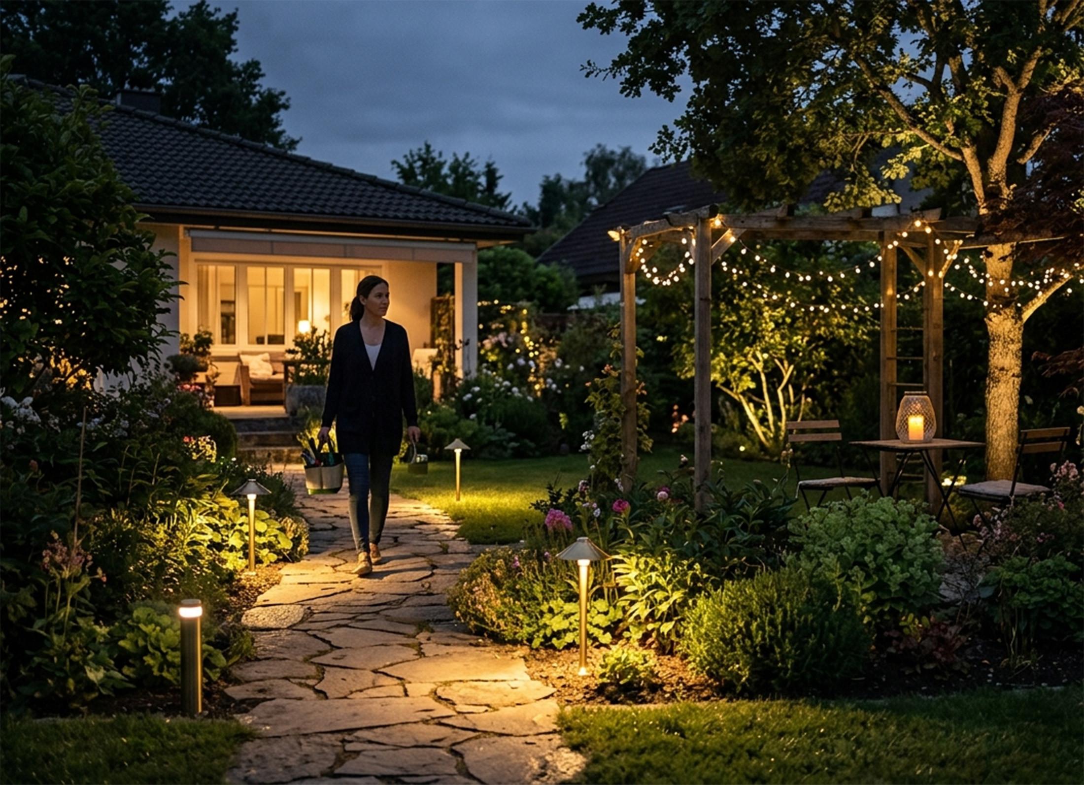 Meghitt hangulatú, különböző funkcionális és esztétikai fényforrásokkal megvilágított esti kert, amelyben egy nő sétál a ház felé.