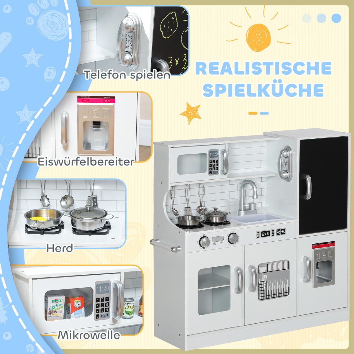 KINDERKÜCHE Spielküche mit Spielzeug Telefon, Kreidetafel, Mikrowelle, Herd Weiß - Weiß, Holzwerkstoff (83.8/26.8/81cm) - AIYAPLAY