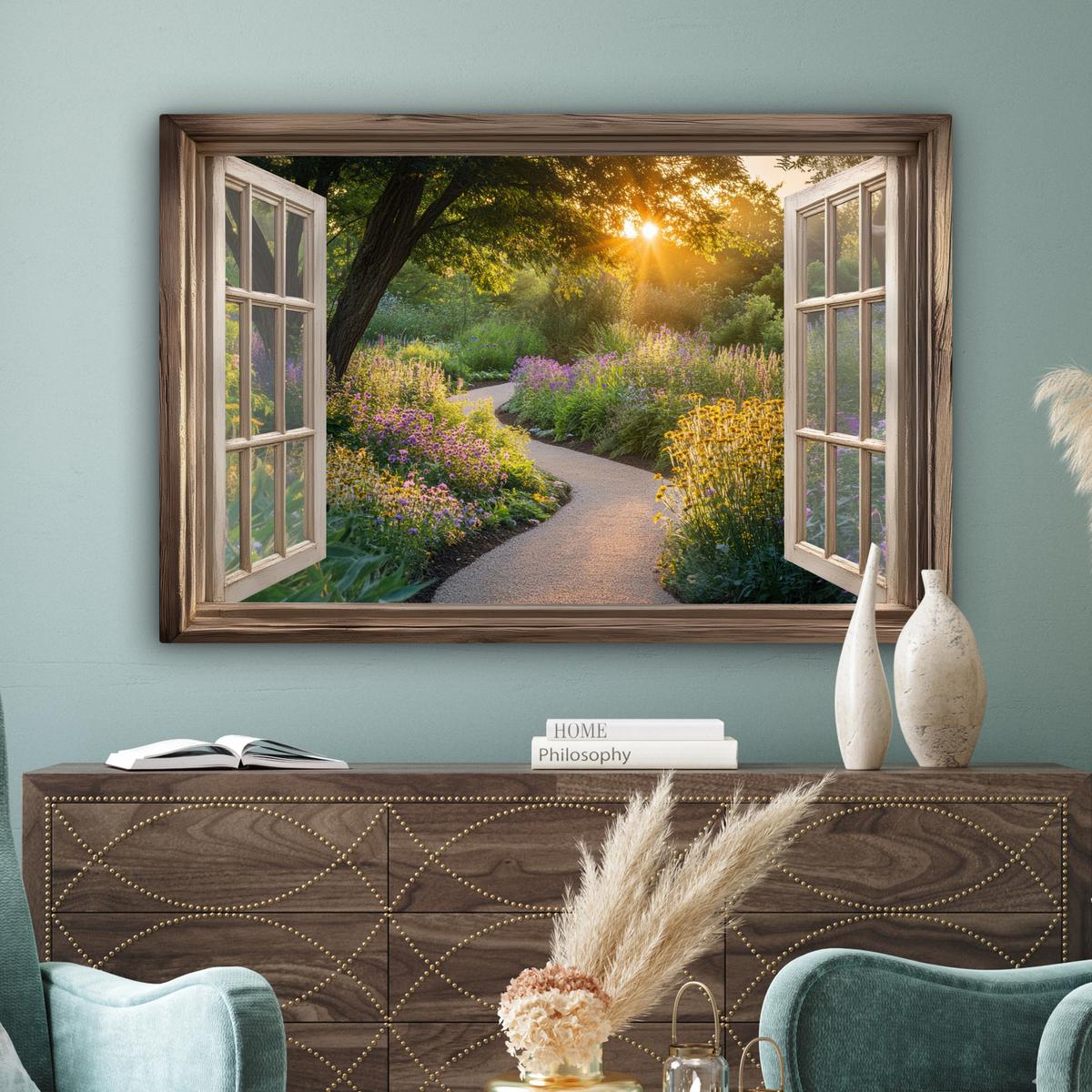 LEINWANDBILD Aussicht - Blumen - Natur - Sonne - Weg Wohnzimmer Groß 120x80 cm - Hellgelb, Textil (120/80cm) - MuchoWow
