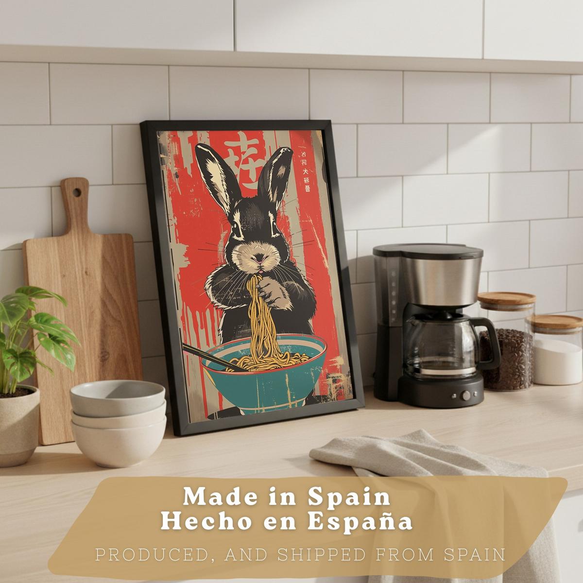POSTER 4er Set Japanische Ramen Tier-Wandbilder Katze Fuchs und Hase Nudeln Vintage Küche Deko Schwarzer Rahmen A4 - Schwarz, Papier (29.7/1/21cm) - Nacnic