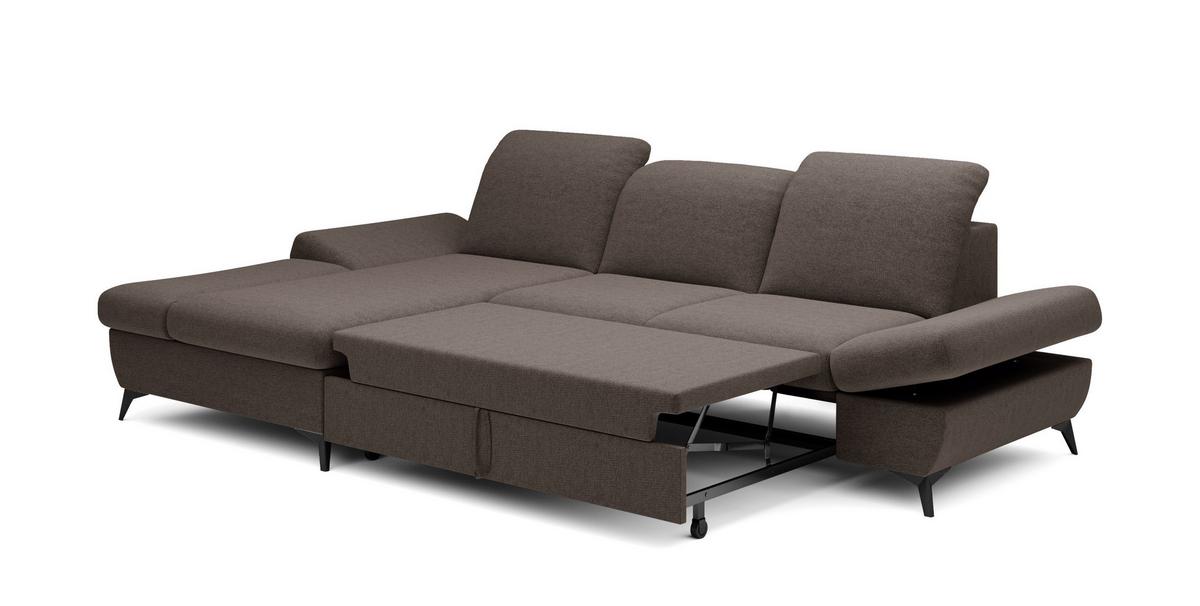 ECKSOFA FELICE L-S Braun Geflochtener Stoff mit Schlaffunktion - Mokka, Holz (284/166cm) - MASSENO