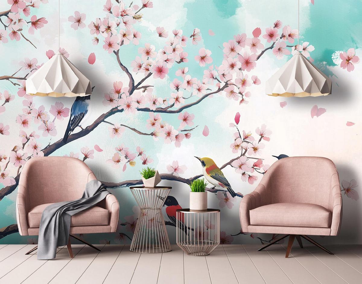 FOTOTAPETE Vögel Blumen Wohnzimmer Vlies Tapete 150x105 - Multicolor, Papier (150/105cm) - Wallarena