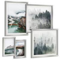 BILDER SET 5er Set - 50x50 cm & 20x30 cm & 40x60 cm Silberner Rahmen - Holzhausboot an Bergstränden - Silberfarben, Kunststoff (40/60cm) - TULUP