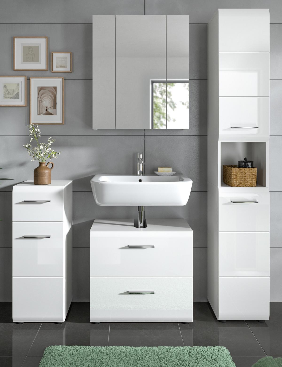 BADMÖBEL-SET 4-teilig in weiß Hochglanz Badkombination 150 x 185 cm Cover - Weiß Hochglanz/Silberfarben, Holzwerkstoff/Kunststoff (150/185/30cm) - Inn.Furn