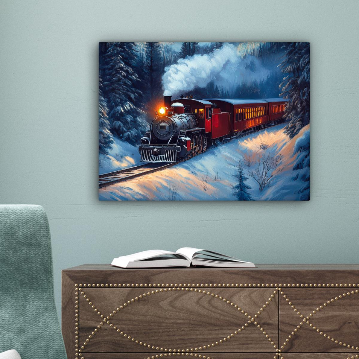 LEINWANDBILD Zug - Weihnachten - Schnee - Weihnachtszug Wandbild 40x30 cm - Anthrazit, Textil (40/30cm) - MuchoWow