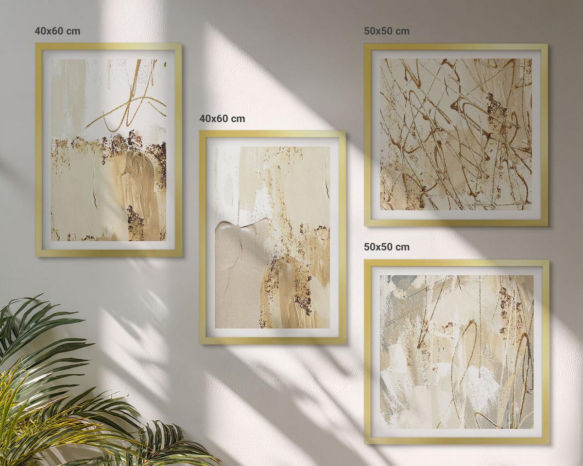 BILDER SET 4er Set - 50x50 cm & 40x60 cm Goldrahmen - Abstrakte Muster beige weiß - Goldfarben, Kunststoff (50/50cm) - TULUP