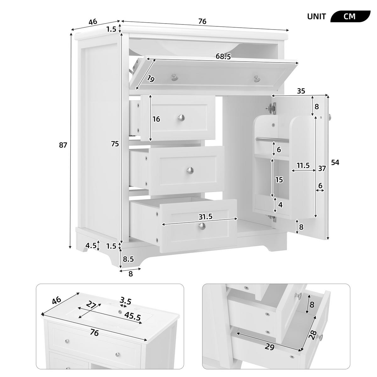 WASCHTISCH mit Unterschrank Weiß 76cm Standschrank mit Keramikbecken & 4 Schubladen - Weiß, Holzwerkstoff (76/87/46cm) - Urban Meuble