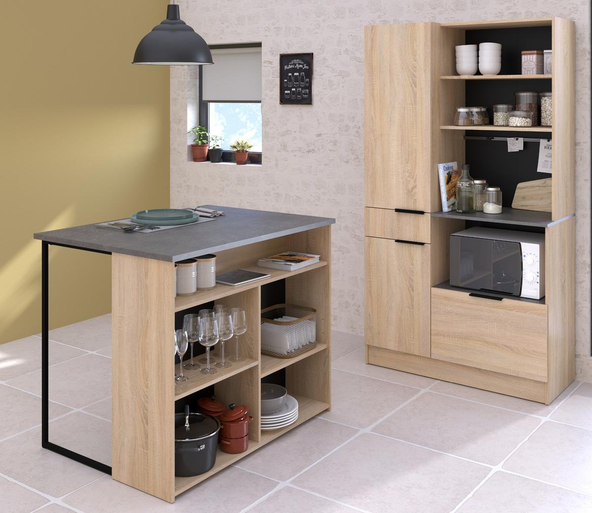 BUFFET Küche Eiche, grau 100 cm Küchenschrank mit viel Stauraum - Eichefarben/Schwarz, Holzwerkstoff/Metall (100/186/45cm) - Parisot Meuble