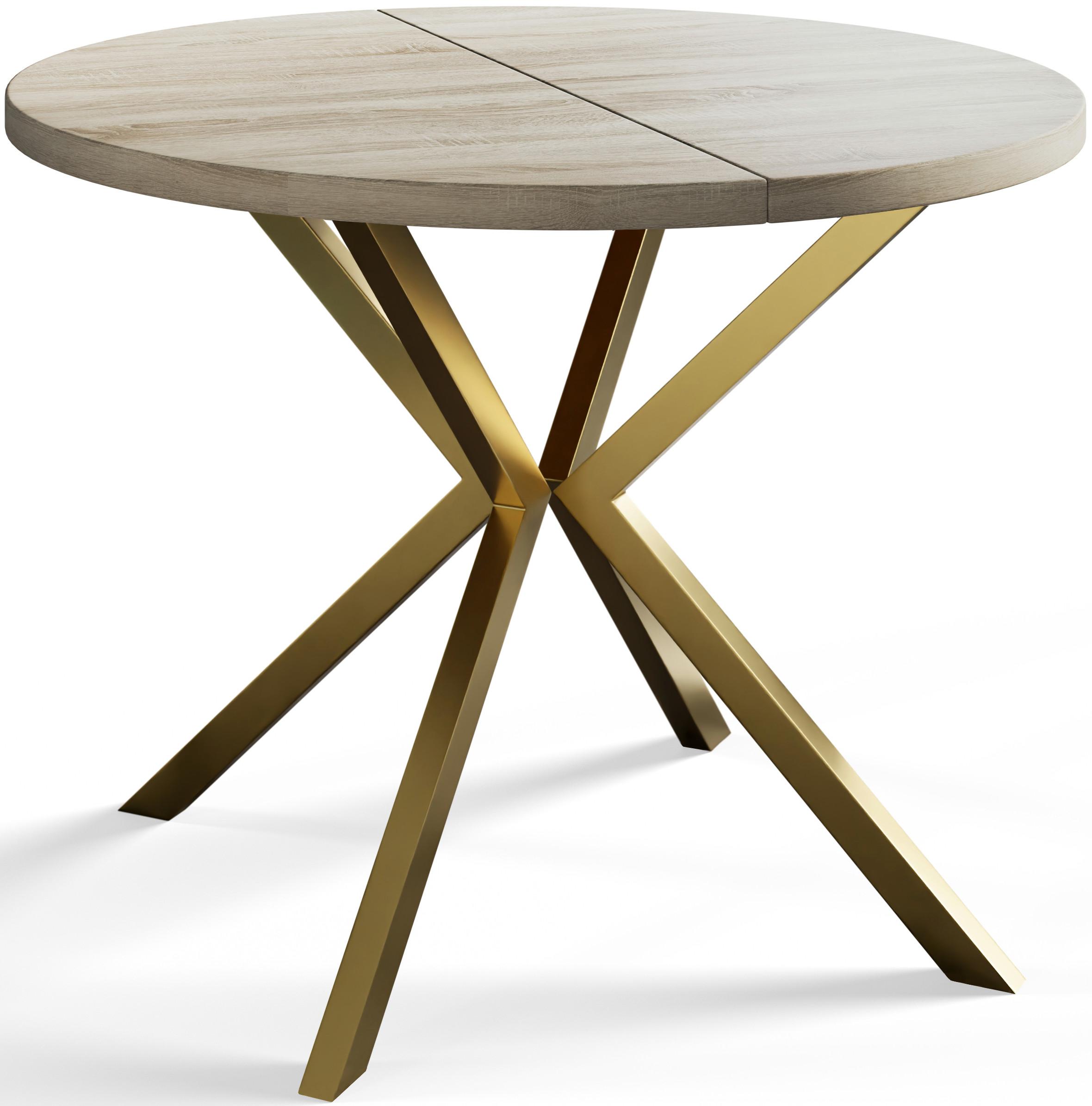 RUNDER Esszimmertisch LOFT LITEN, ausziehbarer Tisch Durchmesser: 90 cm/170 cm, Wohnzimmertisch Farbe: Beige, mit Metallbeinen in Farbe Gold - Goldfarben/Sonoma Eiche, Holzwerkstoff (90/90/76cm) - Alpi-Möbel
