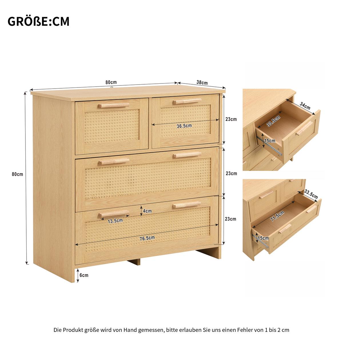 SIDEBOARD Rattan kommode mit 4 Schubladen & Massivholz Griffen - Eichefarben, Naturmaterialen/Holzwerkstoff (80/80/38cm) - Urban Meuble
