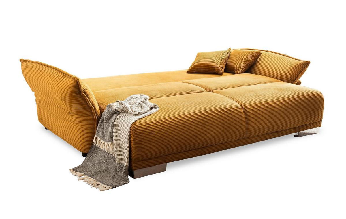 BIG-SOFA mit Schlaffunktion, Bettkasten, Federkern, Armlehnen verstellbar B242/T131/H90 cm, Liegefläche 168x199 cm, Cord Gold Ockergelb / 17213 - Chromfarben/Goldfarben, Kunststoff/Textil (242/90/131cm) - luma-home