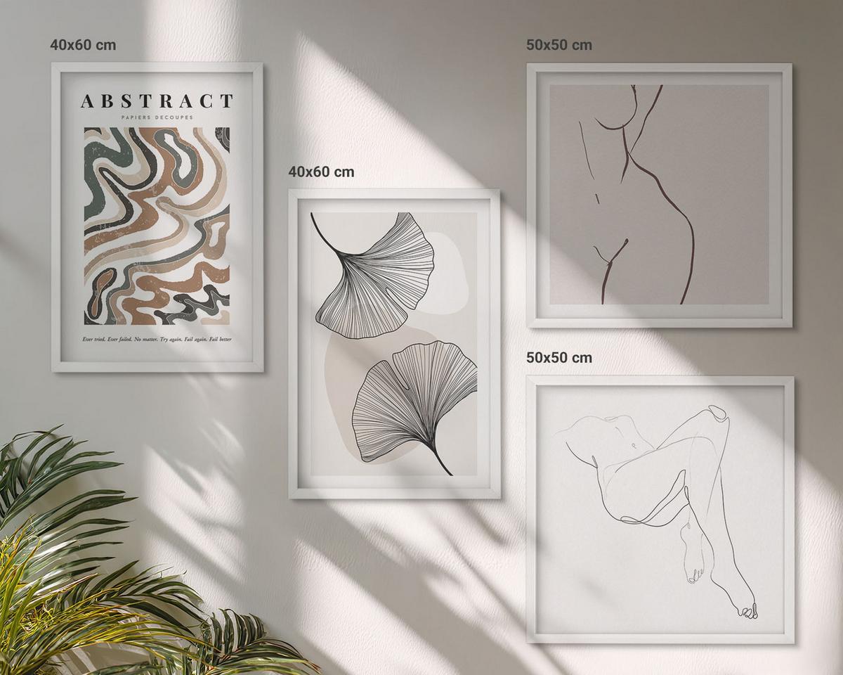 BILDER SET 4er Set - 50x50 cm & 40x60 cm Weißer Rahmen - Abstrakte Boho-Blattformen - Weiß, Kunststoff (50/50cm) - TULUP