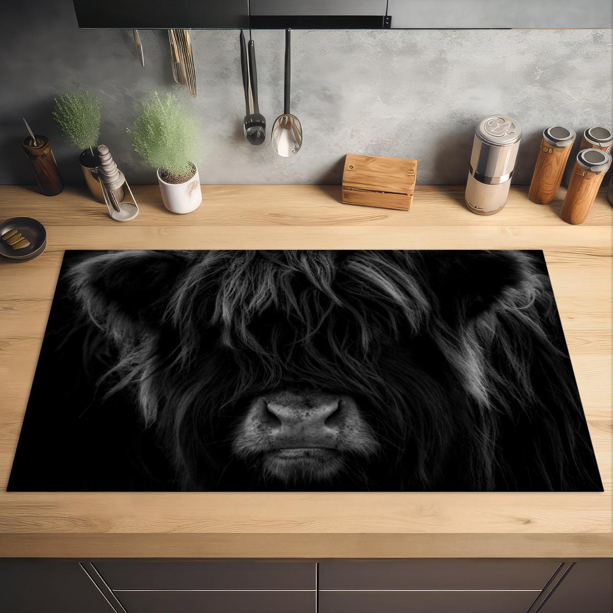 HERDABDECKPLATTE Schottischer Highlander - Kuh - Schwarz - Weiß - Tiere Induktionsschutz 91.2x52 cm - Schwarz, Kunststoff (91.2/52/0.2cm) - MuchoWow
