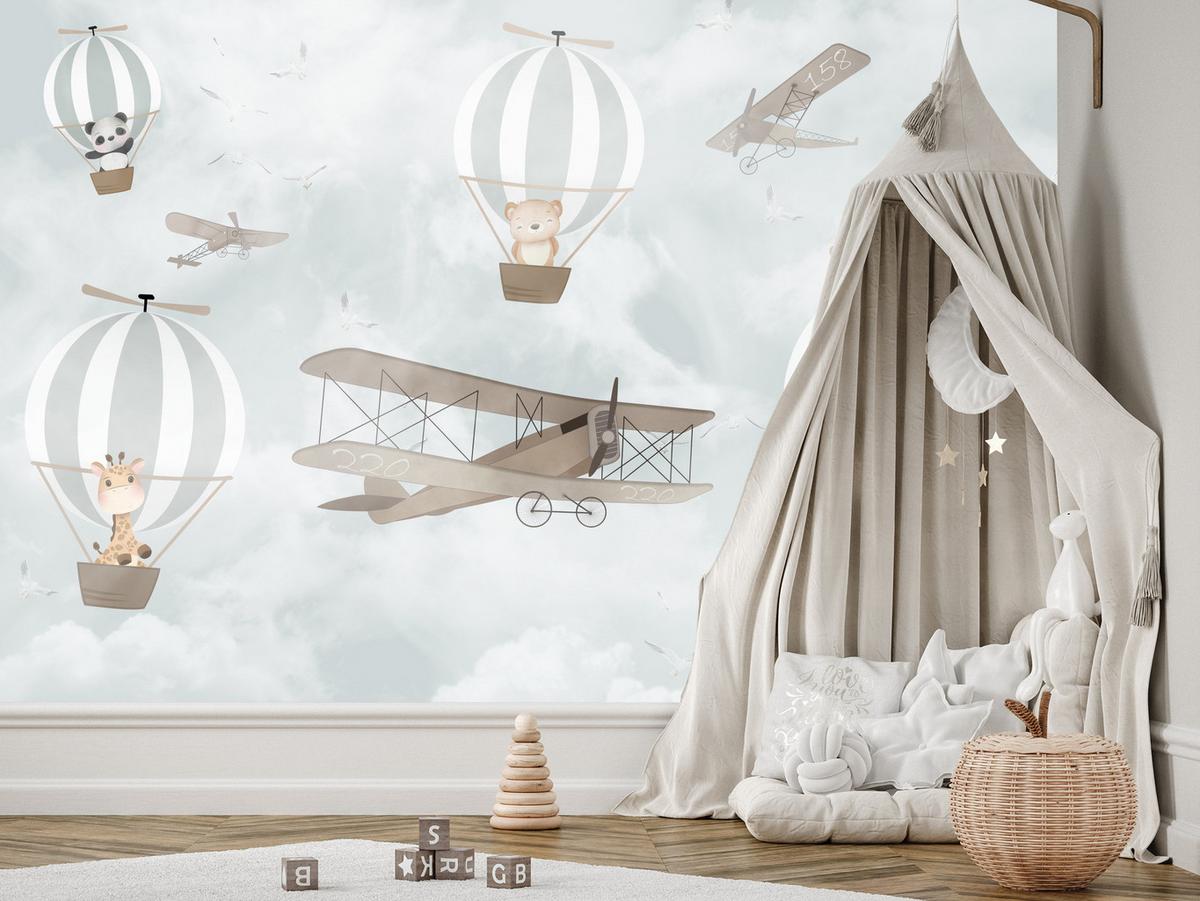 FOTOTAPETE für Kinderzimmer Ballons Tiere Wolken Flugzeuge Fantasie Retro 150x105 - Beige/Braun, Papier (150/105cm) - Muralo