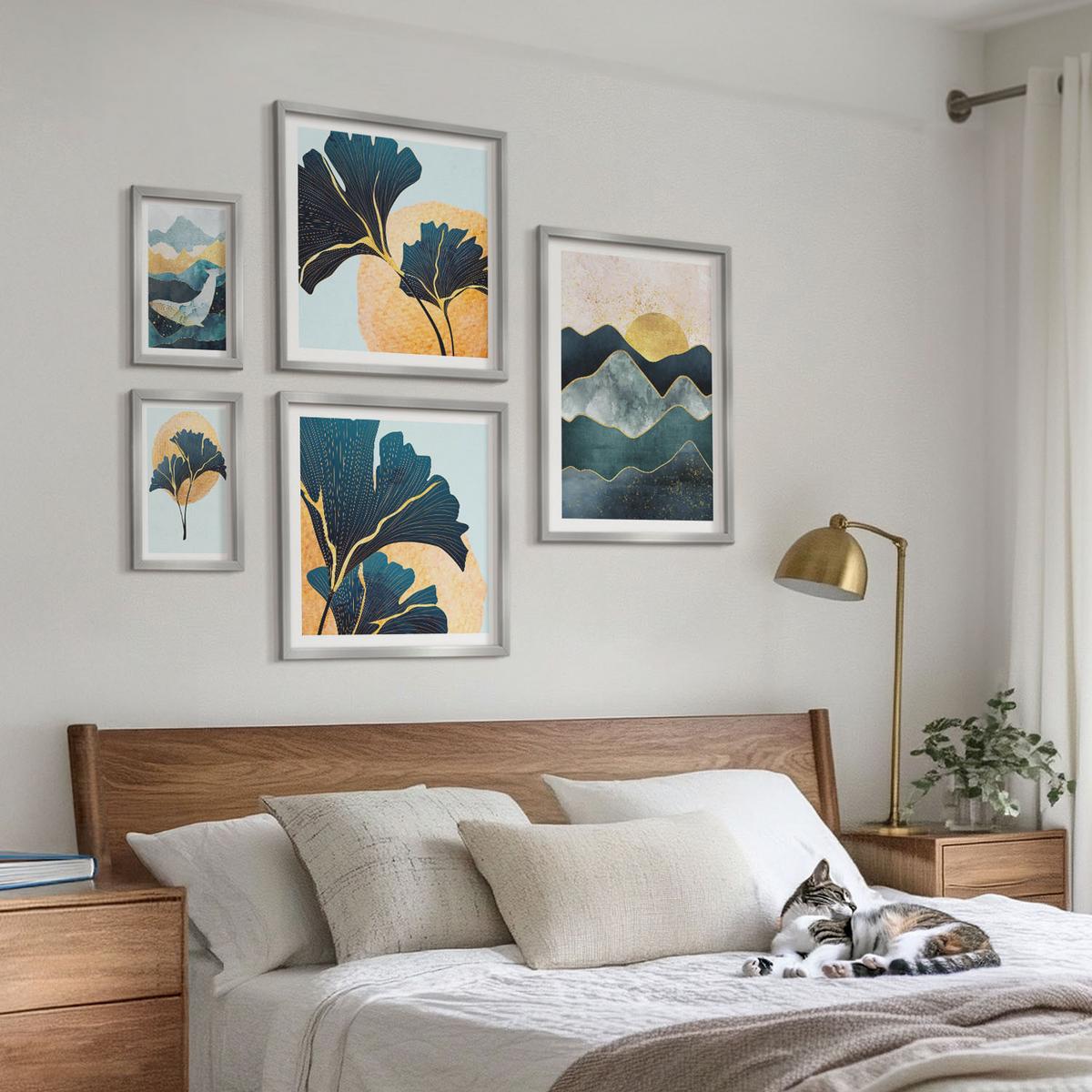 BILDER SET 5er Set - 50x50 cm & 20x30 cm & 40x60 cm Silberner Rahmen - Fruchtige Muster italienischer Wein - Silberfarben, Kunststoff (40/60cm) - TULUP