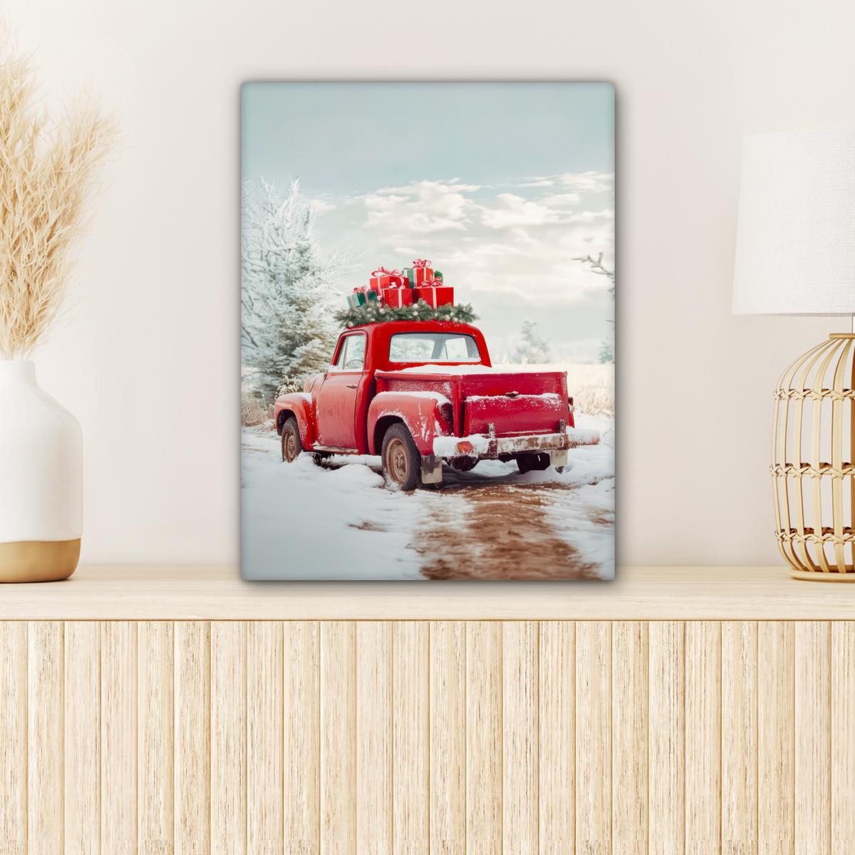LEINWANDBILD Auto - Rot - Geschenke - Winter - Schnee - Weihnachten Room Decor 30x40 cm - Rot, Textil (30/40cm) - MuchoWow