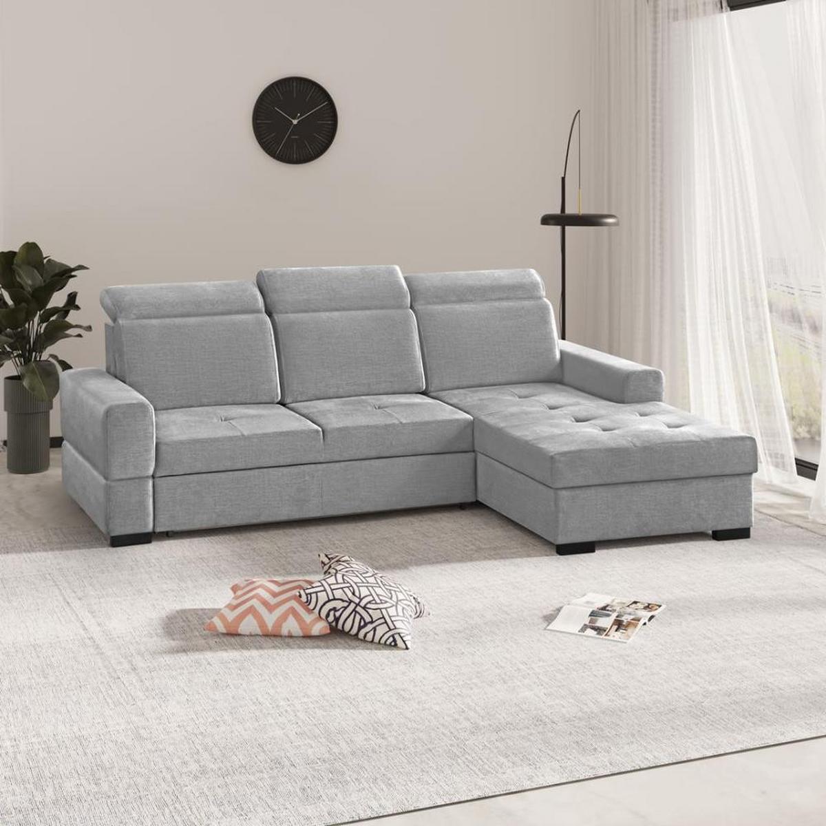 ECKSCHLAFSOFA Alex Mini hellgrau rechts - Hellgrau/Schwarz, Textil (245/185cm) - Beautysofa