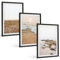 BILDER SET 3er Set - 40x60 cm Schwarzer Rahmen - Strandwellen, Steine, Sommer - Schwarz, Kunststoff (40/60cm) - TULUP