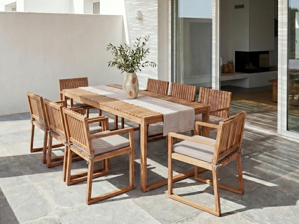 GARTENMÖBEL-SET 8-Sitzer Taupe zertifiziertes Akazienholz Sassari Premium - Hellbraun, Holz - Beliani