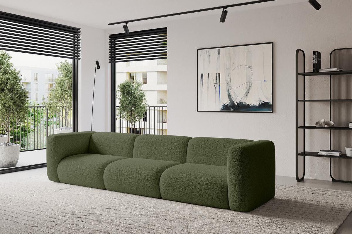 MODULARES Sofa 3-SITZER MIRA-S2 319x89x70 Grün cm Bouclé - Schwarz/Olivgrün, Holzwerkstoff/Kunststoff (319/70/89cm) - ALTDECOR