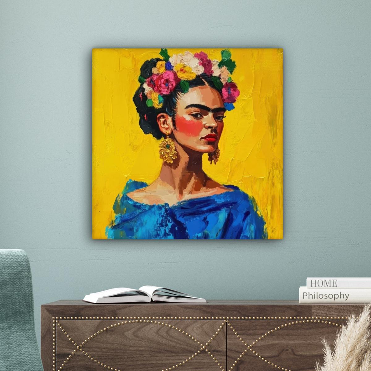 LEINWANDBILD Frida Kahlo - Frau - Gelb - Blau - Blumen Wandbild Wohnzimmer 50x50 cm - Gelb, Textil (50/50cm) - MuchoWow
