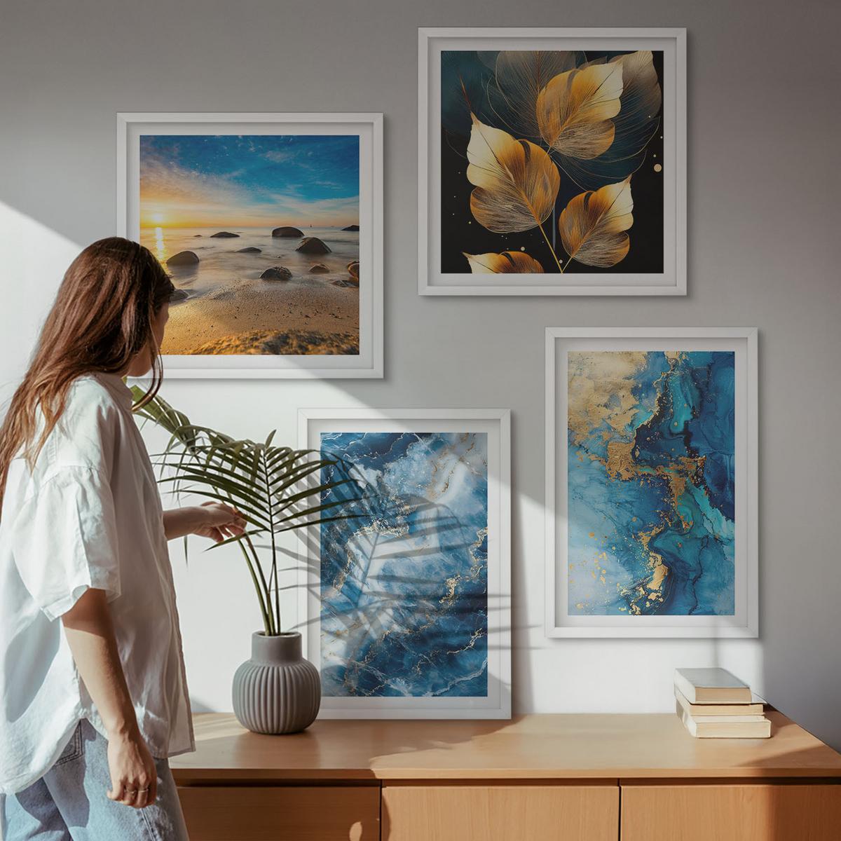 BILDER SET 4er Set - 50x50 cm & 40x60 cm Weißer Rahmen - Bilder mit blau-goldenen Mustern - Weiß, Kunststoff (50/50cm) - TULUP