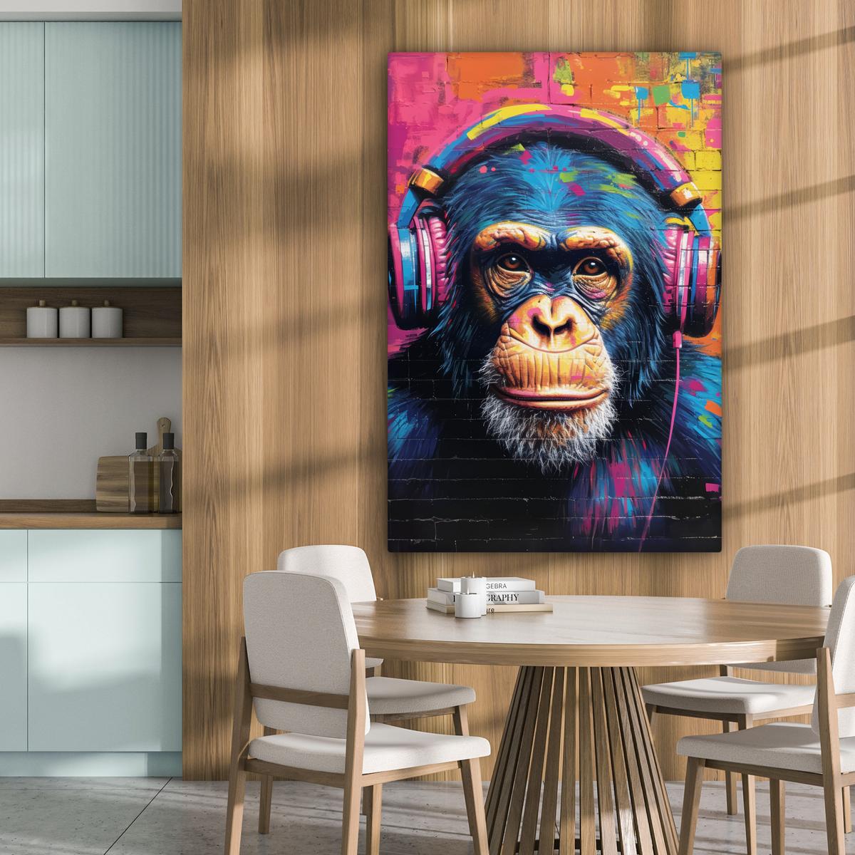 LEINWANDBILD Graffiti - Schimpanse - Straßenkunst - Kopfhörer - Affe Deko XXL 80x120 cm - Blau, Textil (80/120cm) - MuchoWow