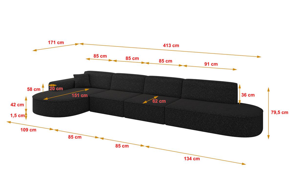 ECKSOFA Ottomane Links MARI-L3 - 413x171x79 cm Schwarz Tissu - Schwarz, Holzwerkstoff/Kunststoff (413/171cm) - ALTDECOR
