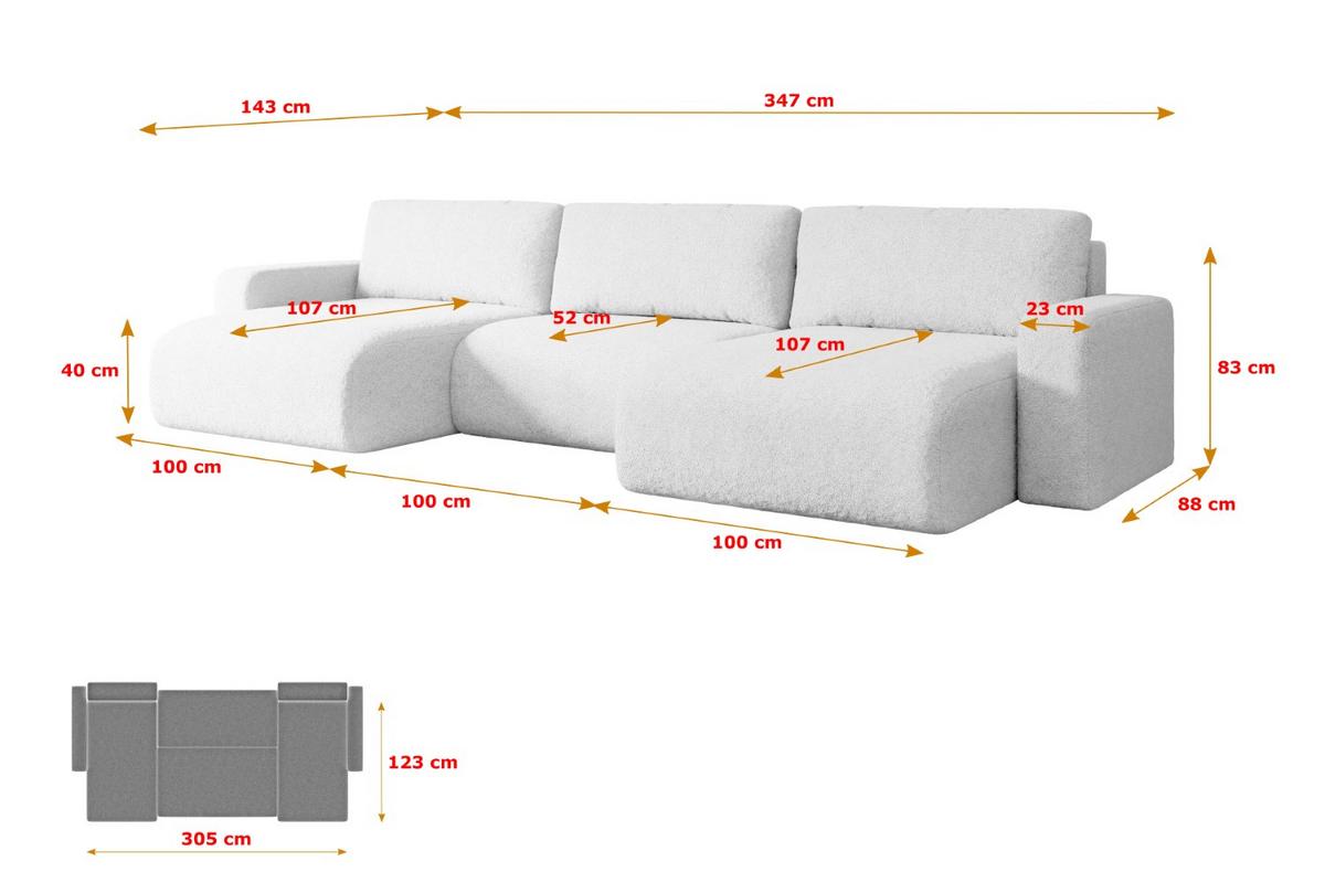 WOHNLANDSCHAFT mit Schlaffunktion und Bettkasten KLEEA-U - 347x143x83 cm Weiß Bouclé - Schwarz/Weiß, Holzwerkstoff/Kunststoff (347/83/143cm) - ALTDECOR