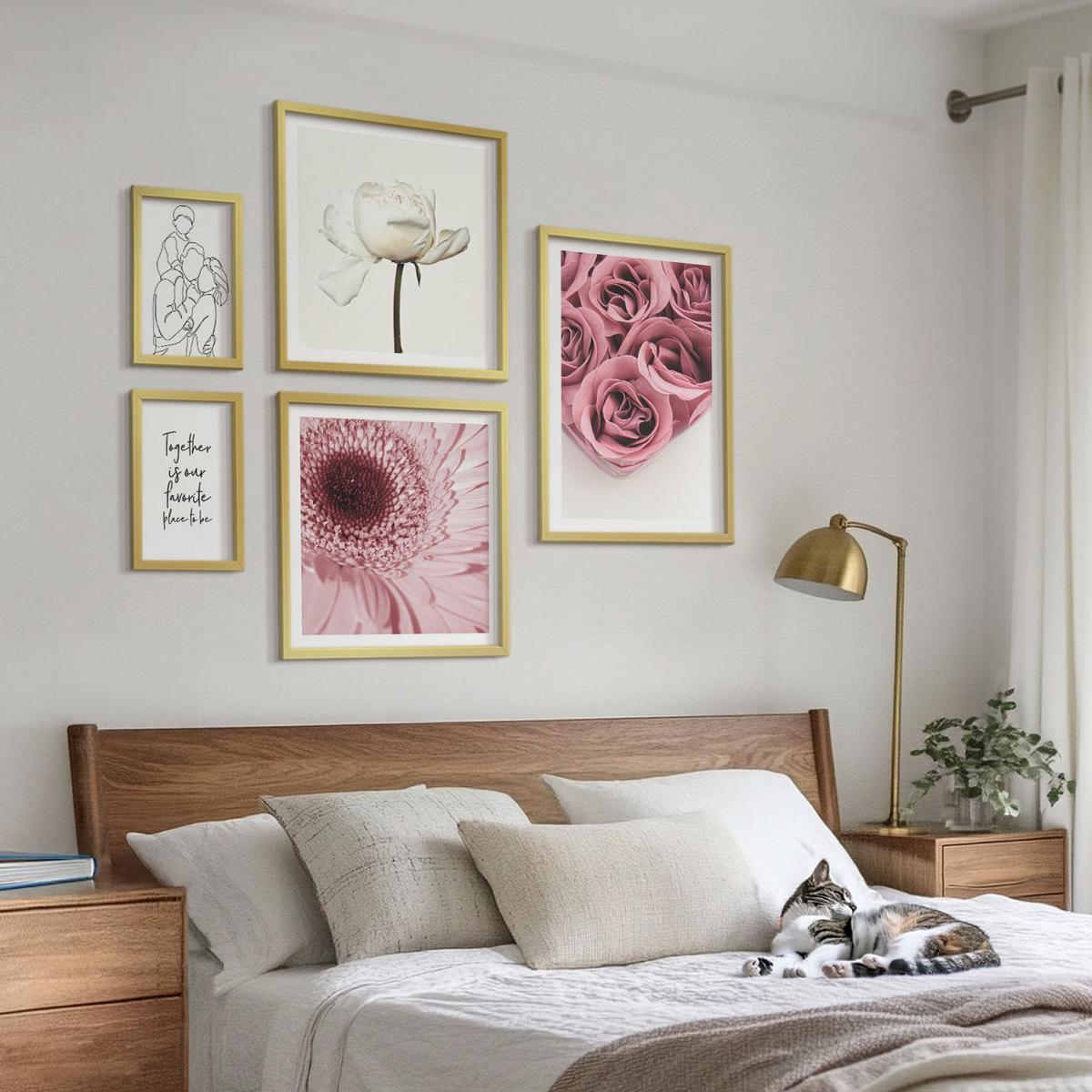 BILDER SET 5er Set - 50x50 cm & 20x30 cm & 40x60 cm Goldrahmen - Rosensträuße als Familienzeichnung - Goldfarben, Kunststoff (40/60cm) - TULUP