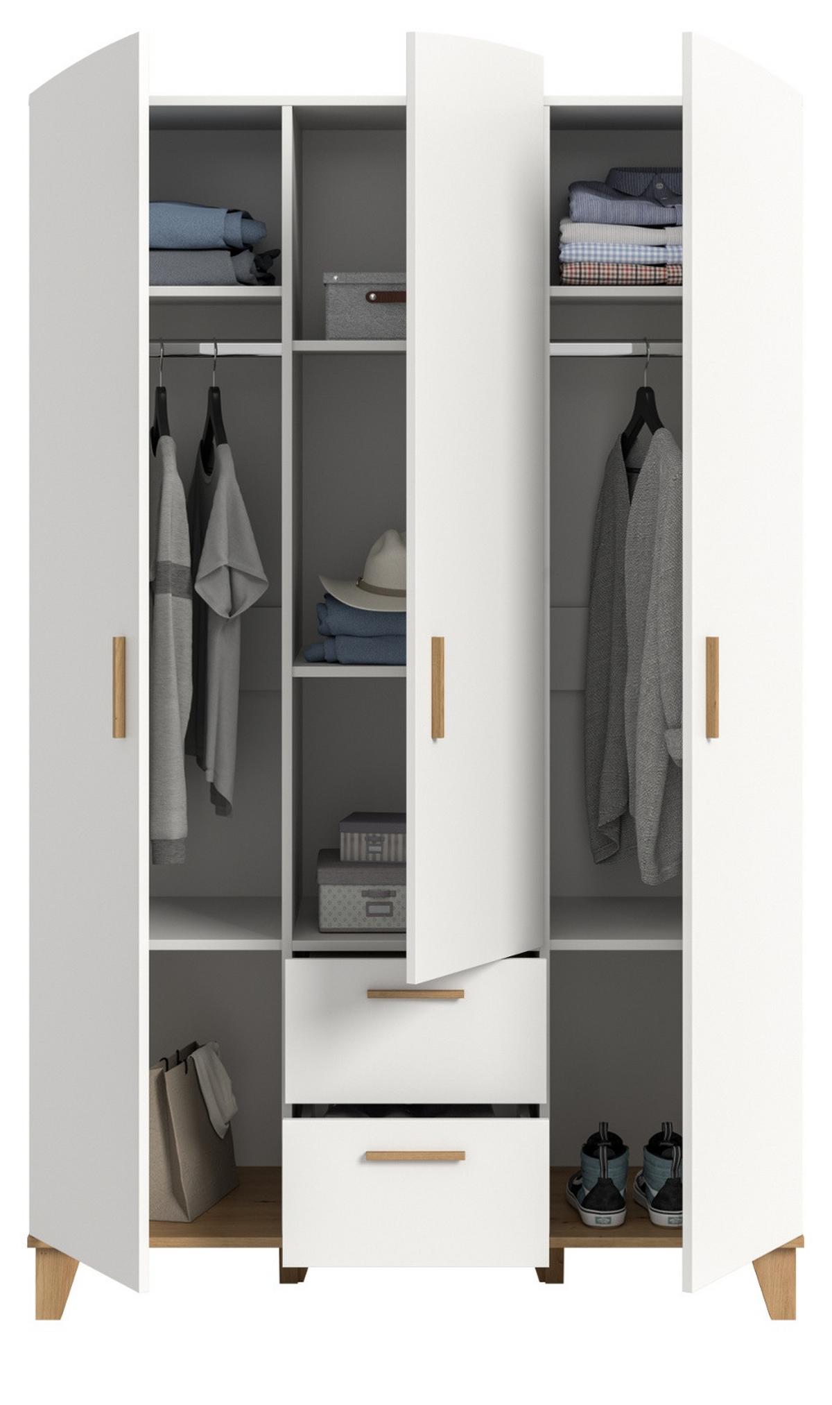 KLEIDERSCHRANK in weiß, Eiche Artsian 122 x 194 cm, Drehtürenschrank 3-türig skandinavisch - Eichefarben/Weiß, Holzwerkstoff (122/198/51cm) - Inn.Furn