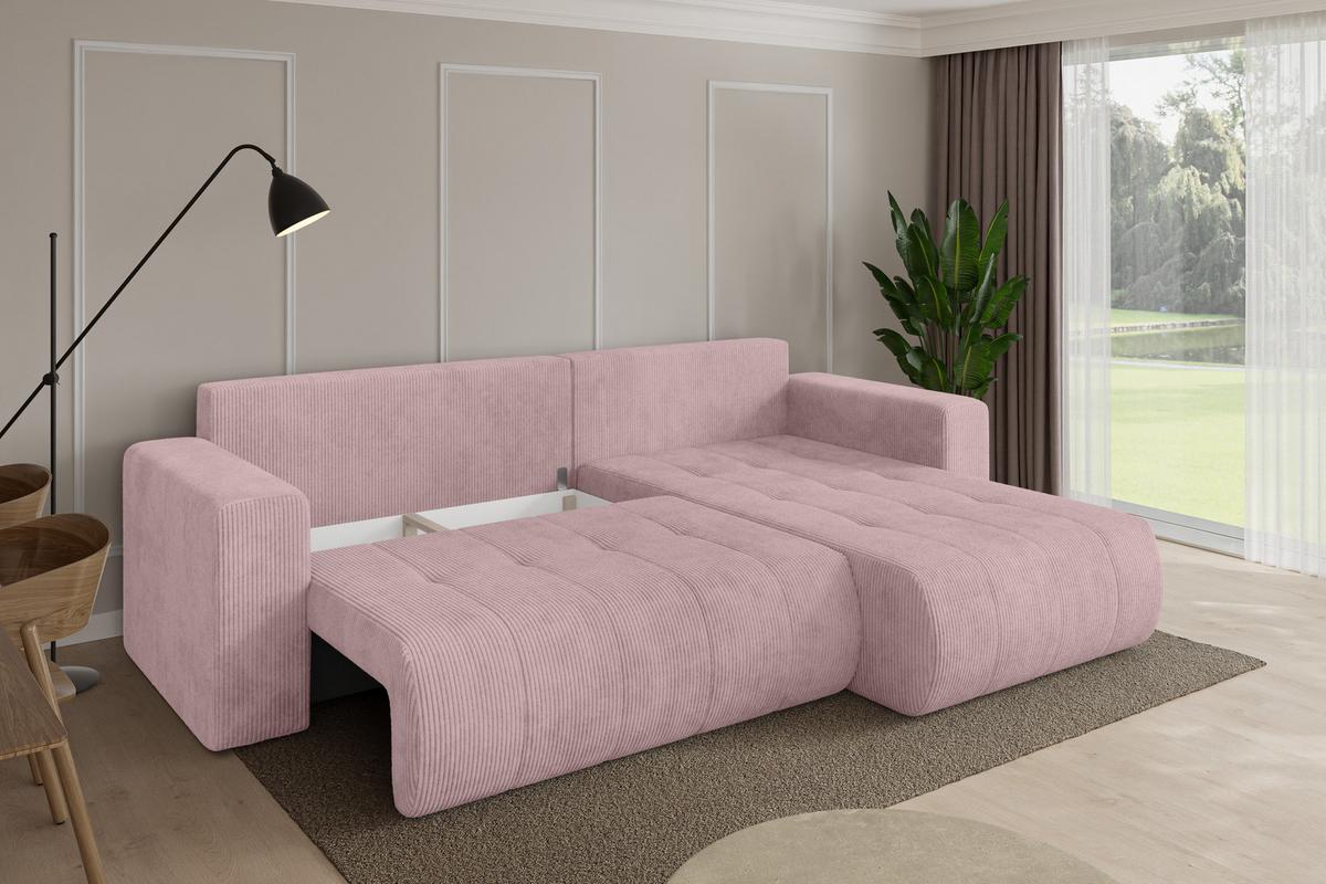 ECKSOFA mit Schlaffunktion Ottomane Rechts MILA-L 277x194x86 Rosa Cord - Schwarz/Rosa, Holzwerkstoff/Kunststoff (277/194cm) - ALTDECOR