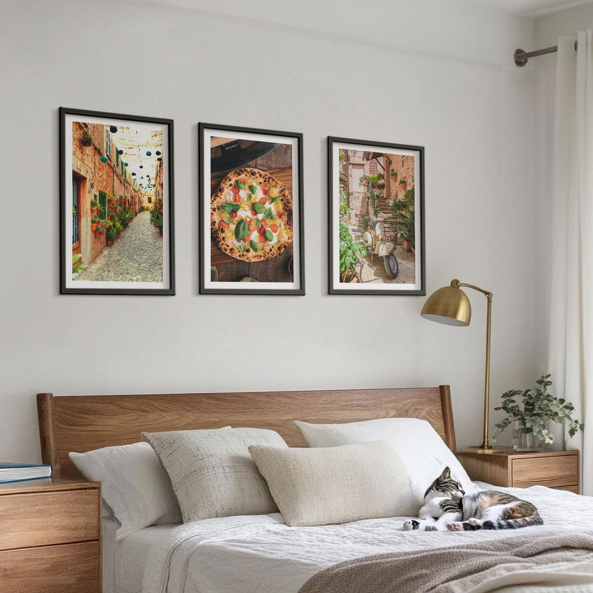 BILDER SET 3er Set - 40x60 cm Schwarzer Rahmen - Charmante Straßen mit Pizza - Schwarz, Kunststoff (40/60cm) - TULUP