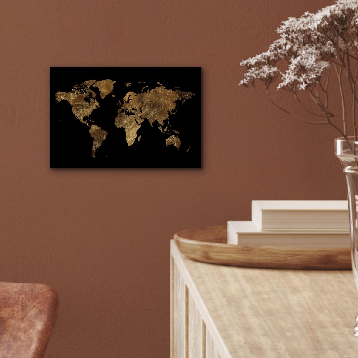 METALLBILD Weltkarte - Gold - Luxus - Erde - Schwarz 30x20 cm - Goldfarben, Metall (30/20cm) - MuchoWow