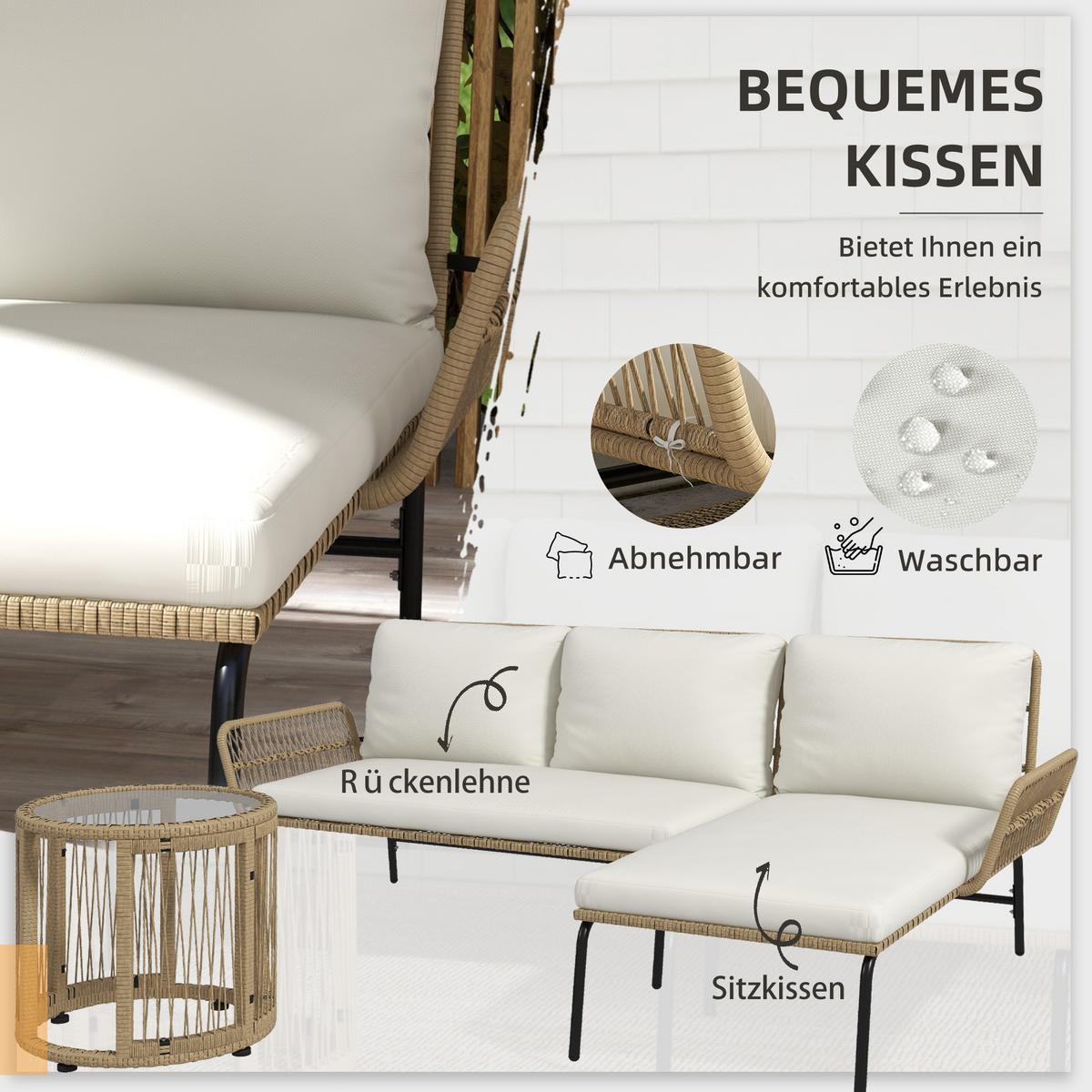 GARTENSET mit Sitzkissen, Balkonmöbel-Set für Garten, Terrasse, Creme - Naturfarben, Kunststoff - Outsunny