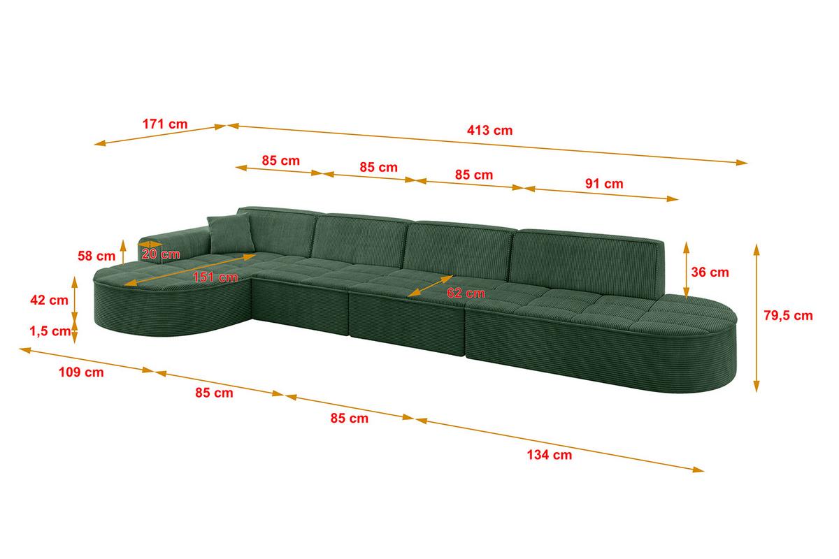 ECKSOFA Ottomane Links TARO-L3 - 413x171x79,5 cm Grün - Grün, Holzwerkstoff/Textil (413/171cm) - ALTDECOR