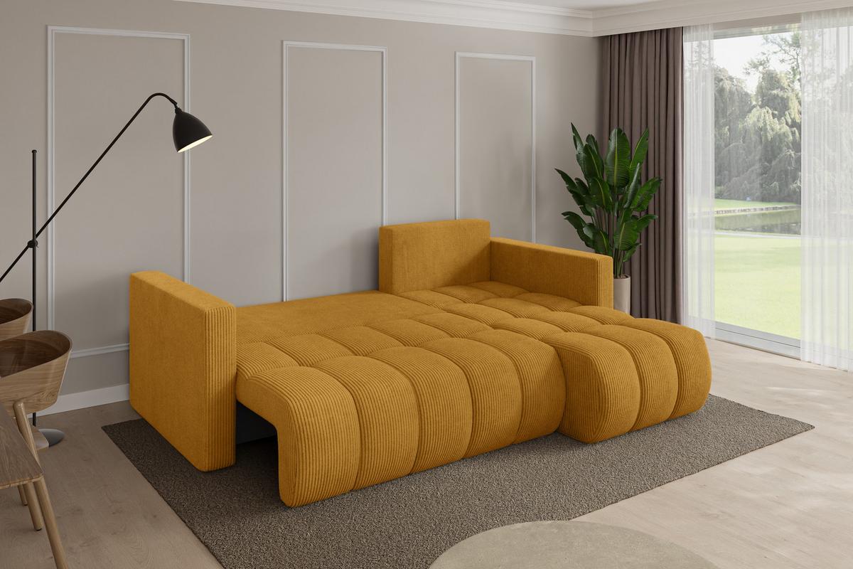 ECKSOFA mit Schlaffunktion Ottomane Rechts GARD-L 226x146x85 Senfgelb Cord - Dunkelgelb/Schwarz, Holzwerkstoff/Kunststoff (226/146cm) - ALTDECOR