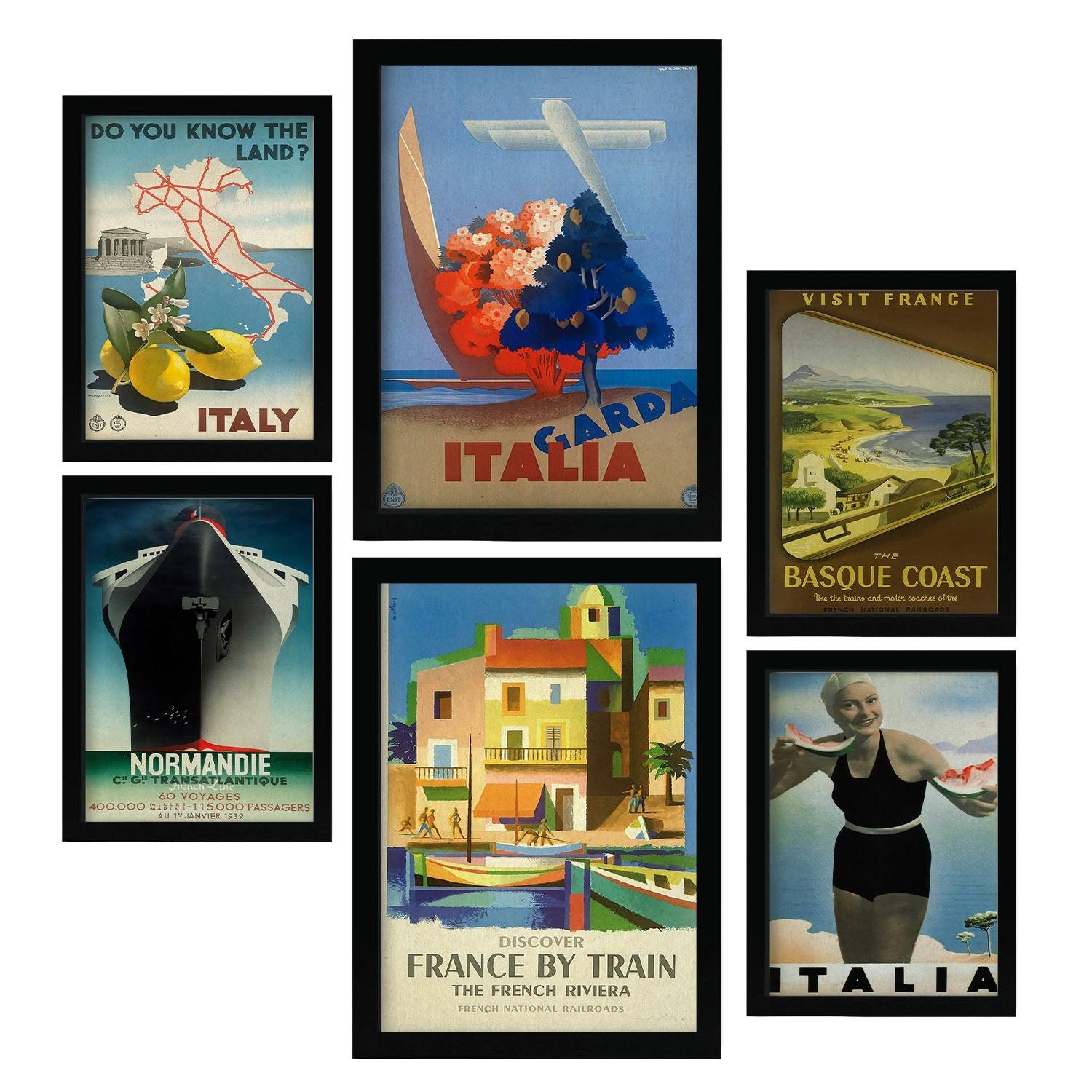 POSTER Set Mit 6 Mittelmeerländer Vollfarbige Illustrationen Von Vintage Tourismus Werbetafeln Aus Der Ganzen Welt A3 & A4 Schwarzer Rahmen - Schwarz, Papier (29/3cm) - Nacnic