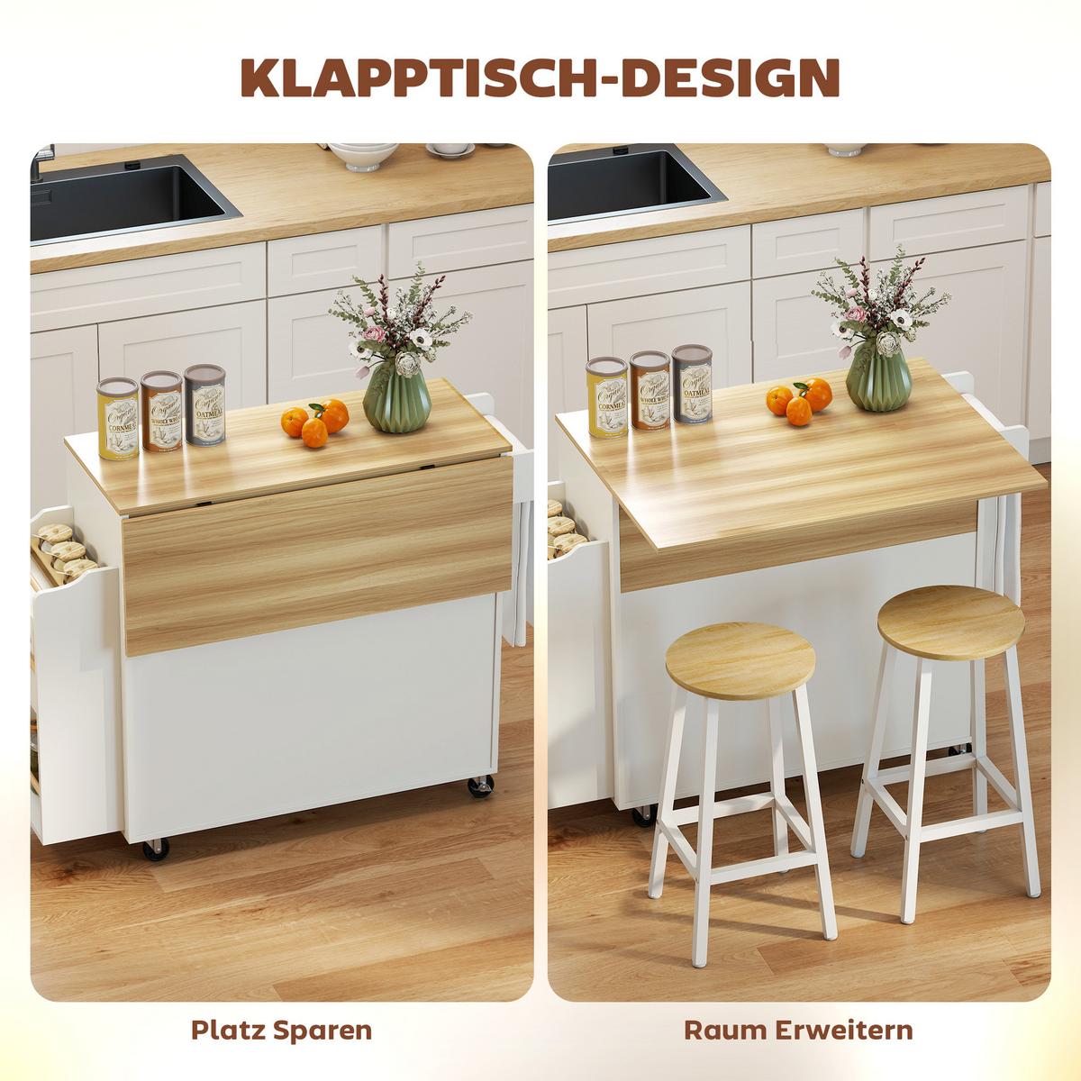 KÜCHENINSEL Küchenwagen auf Rollen mit abklappbarer Arbeitsplatte Ablage Weiß - Schwarz/Weiß, Holzwerkstoff (68/85/120cm) - HOMCOM