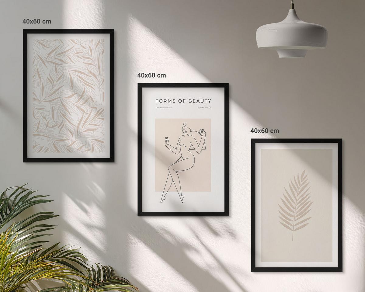 BILDER SET 3er Set - 40x60 cm Schwarzer Rahmen - Minimalistische botanische Motive - Schwarz, Kunststoff (40/60cm) - TULUP