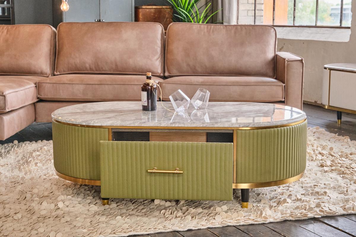 COUCHTISCH MARIA Grün Marmor, Kunstleder - Olivgrün/Braun, Stein/Metall (70/130/45cm) - KAWOLA
