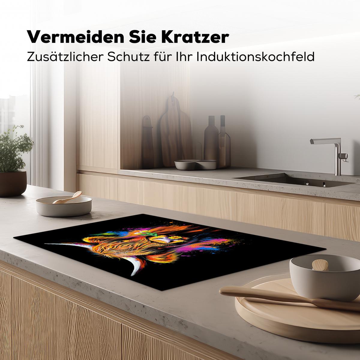 HERDABDECKPLATTE Schottischer Highlander - Graffiti - Bunt - Blume - Tiere Induktionsmatte 81x52 cm - Multicolor, Kunststoff (81/52/0.2cm) - MuchoWow