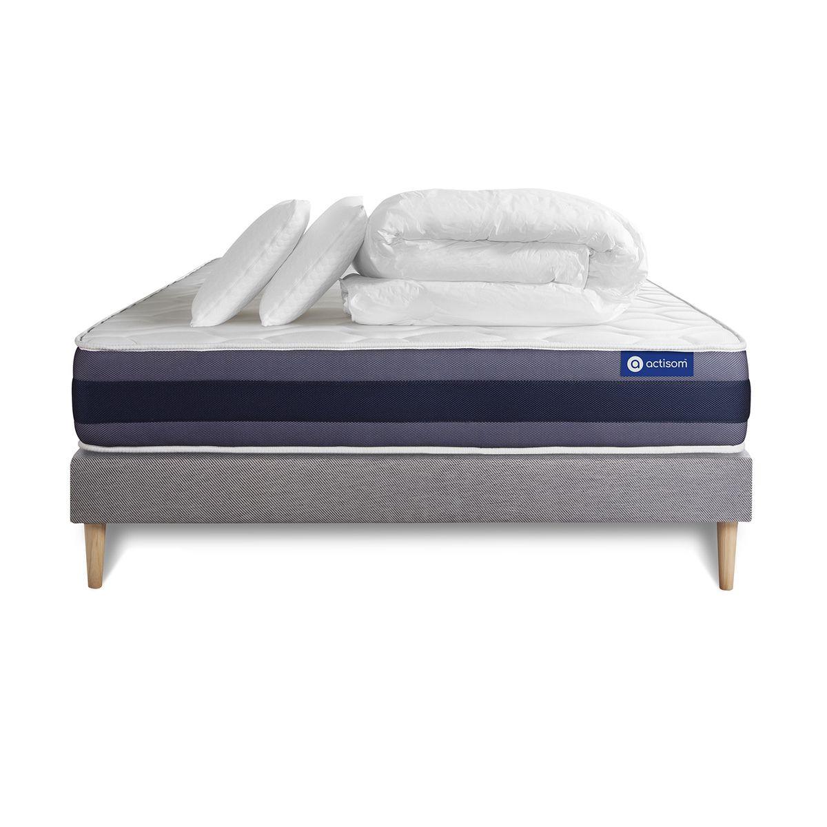 BETT Actimemo morpho Memory-Schaum 160 x 200 cm h1 - Kit Bettgestell Grau - Mit Kissen und Bettdecke - Beige/Grau, Karton/Holz (160/200cm) - ACTISOM