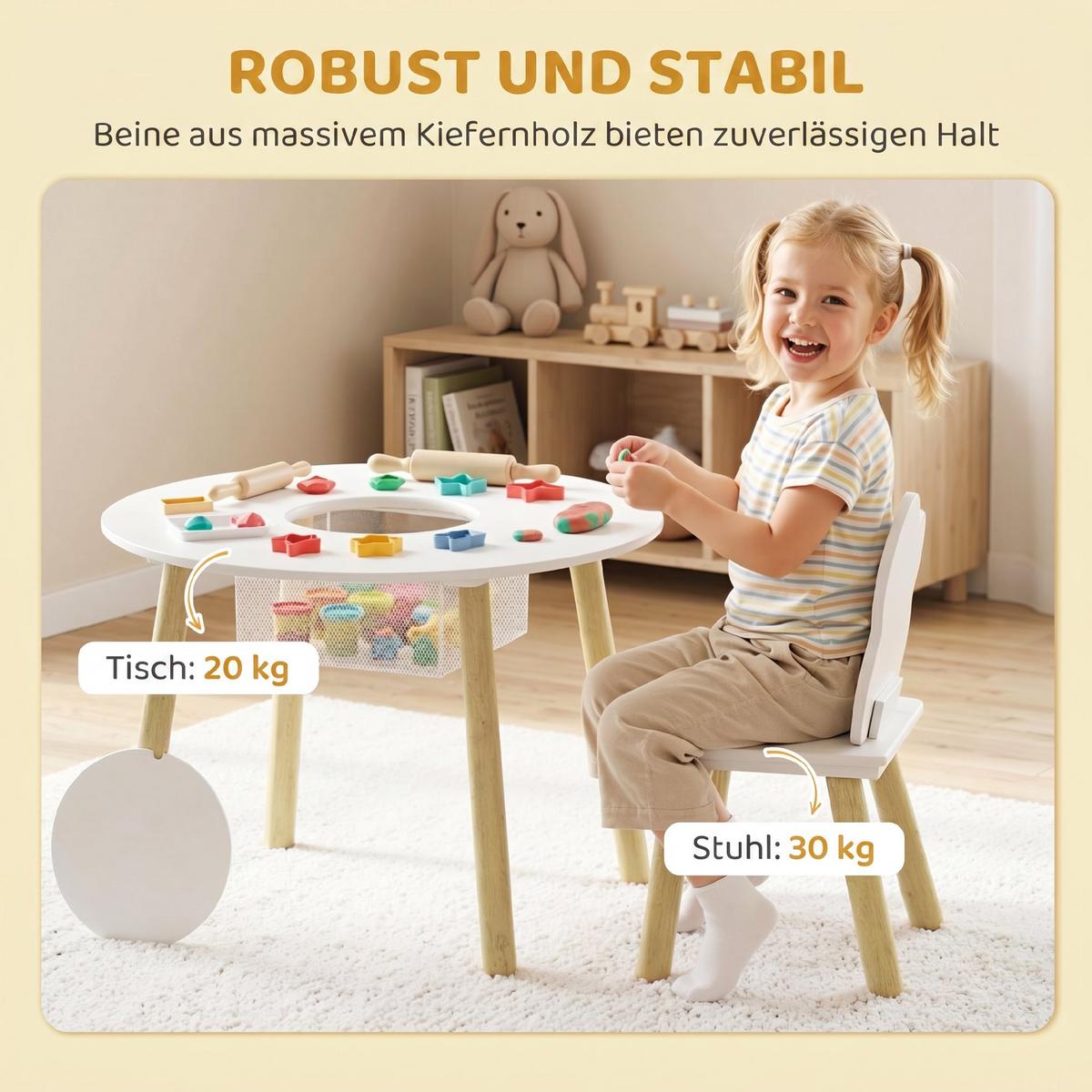KINDERTISCH-UND-STUHLSET MDF Kiefernholz Weiß - Weiß/Kieferfarben, Holz (60/44/60cm) - AIYAPLAY