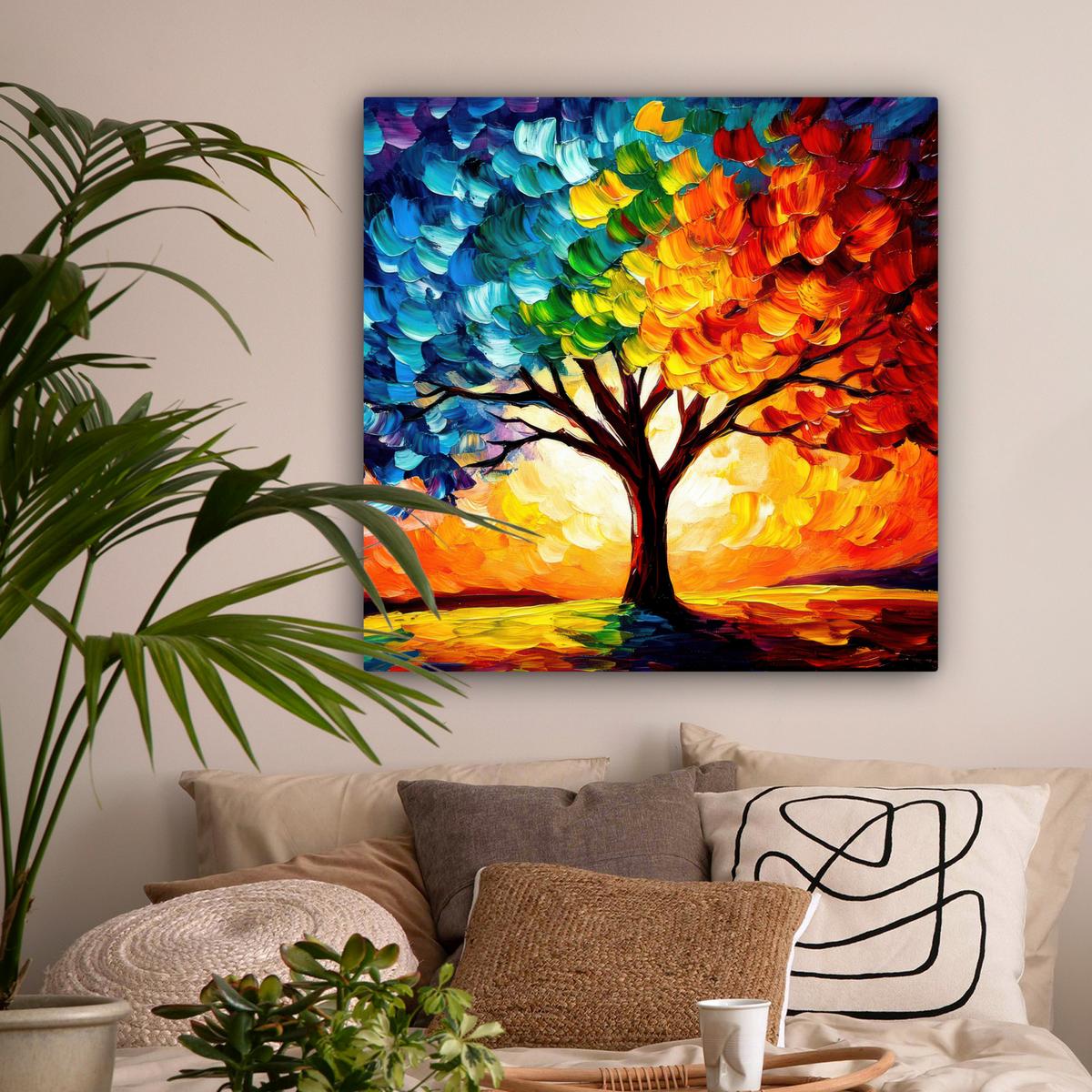 LEINWANDBILD Baum - Kunst - Natur - Sonnenuntergang Deko Groß 90x90 cm - Multicolor, Textil (90/90cm) - MuchoWow