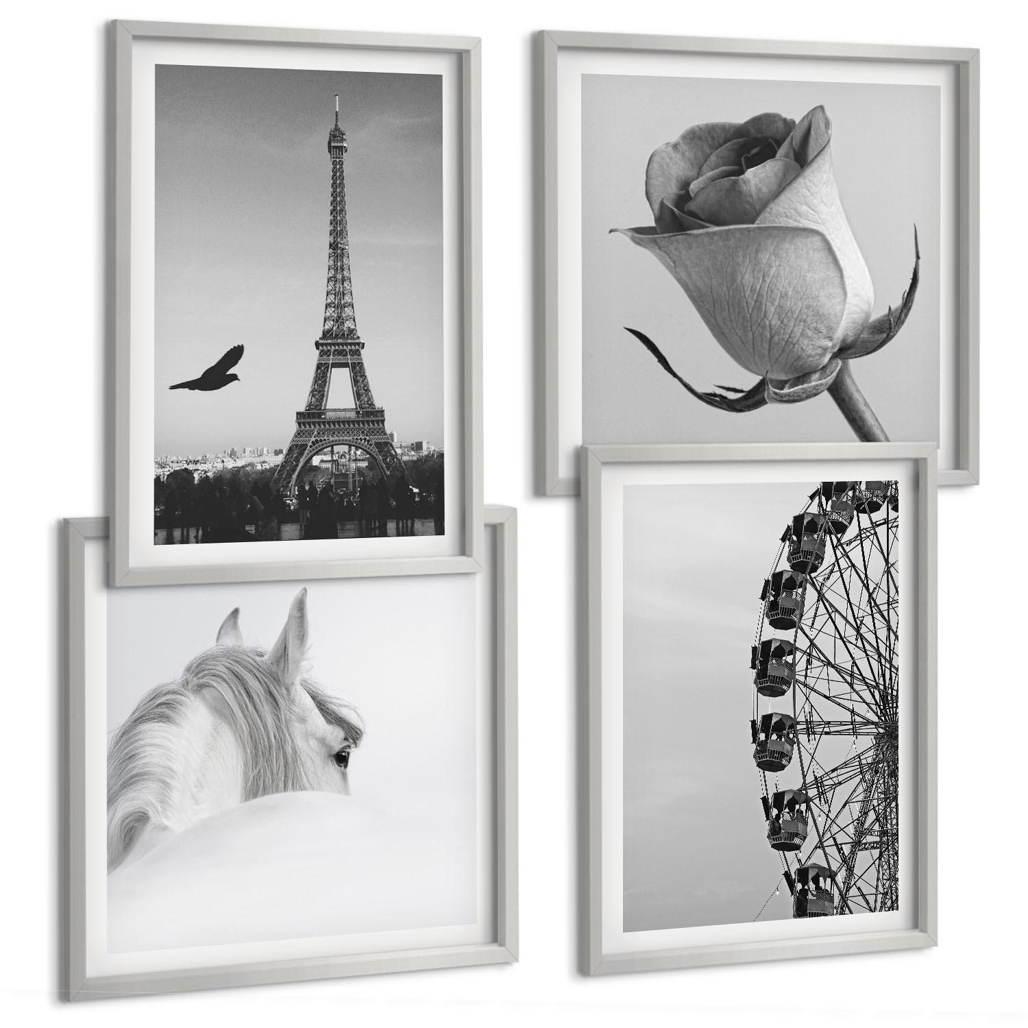 BILDER SET 4er Set - 50x50 cm & 40x60 cm Silberner Rahmen - Rose Eiffelturm Pferd Riesenrad S/W - Silberfarben, Kunststoff (50/50cm) - TULUP