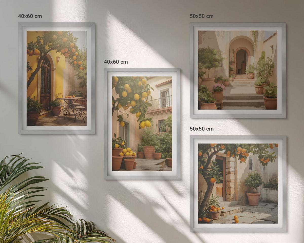 BILDER SET 4er Set - 50x50 cm & 40x60 cm Silberner Rahmen - Terrasse mit Zitrusbäumen - Silberfarben, Kunststoff (50/50cm) - TULUP