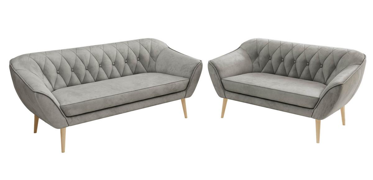 SITZGARNITUR PIRS 3+2 - Hellgrau Velvet - Holzbeine - Buchefarben/Hellgrau, Holzwerkstoff/Textil (180/75/74cm) - MKS