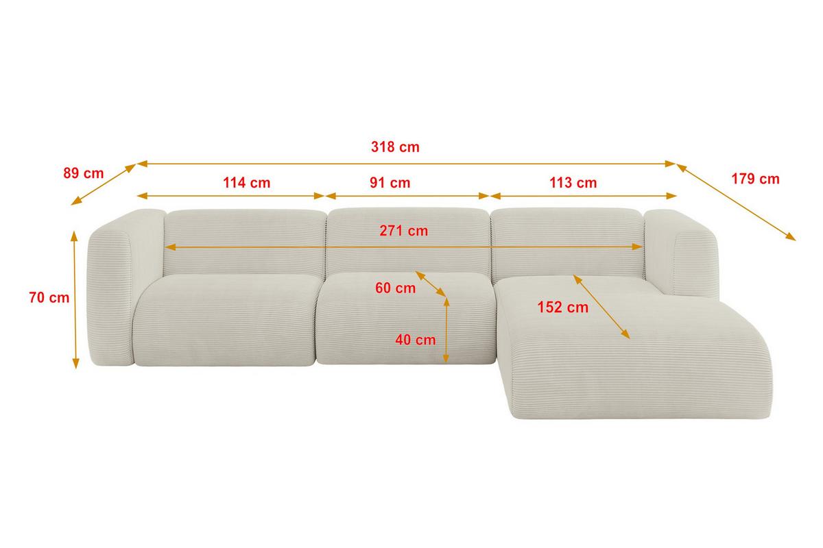 ECKSOFA Ottomane Rechts MIRA-L2 318x179x89 Creme Cord - Ecru/Creme, Holzwerkstoff/Kunststoff (318/179cm) - ALTDECOR